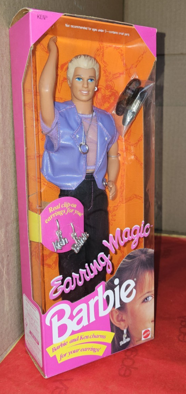 Vintage Mattel Barbie Earring Magic Ken Doll 1992 In Box With Clip On Earrings